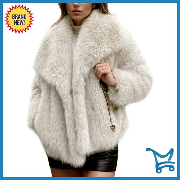 Faux Fur Lapel Jacket Winter Warm Fluffy Open Front Shaggy Overcoat